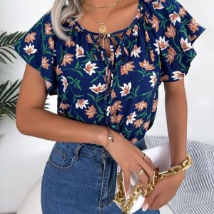 Loose Lace-Up Floral Vacation Shirt, Blouses, color:Navyblue|size:XL, Noracora