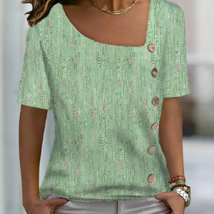 Buckle Casual Abstract Jersey Regular Sleeve Shirt, Blouses, color:Green|size:XXL, Noracora
