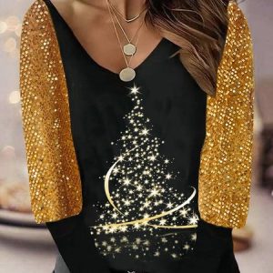 Christmas Jersey Casual Top, Blouses, color:Black|size:XXL, Noracora