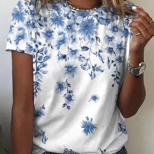 Women's Vacation Daily Casual Floral Short Sleeve Round Neck Printed Top T-shirt, T-shirts, color:Blue|size:XXL, Noracora