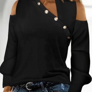 Casual Long Sleeve V Neck T-shirt, T-shirts, color:Black|size:XXL, Noracora