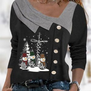 Christmas Snowman Long Sleeve Buttoned Asymmetrical Neck Casual Top, Tops, color:Black|size:XXL, Noracora