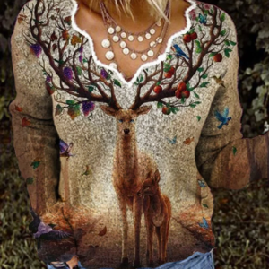 V Neck Casual Animal Loose T-Shirt, Blouses, color:Brown|size:XXL, Noracora
