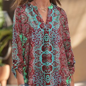 Cotton-Blend Casual V Neck Plain Tunic Top, Blouses, color:Red|size:3XL, Noracora