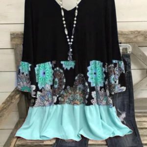 Casual Long Sleeve Round Neck Printed Tunic Top, T-shirts, color:Blue|size:XXL, Noracora