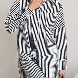Cotton Casual Shirt Collar Pajama Set, Pajamas, color:Stripe|size:L, Noracora