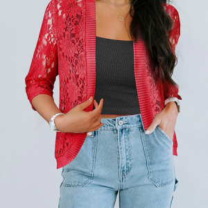 Casual Loose Plain Lace Kimono, Kimono, color:Red|size:4XL, Noracora