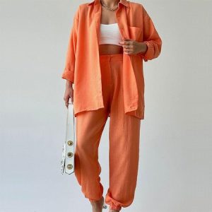 Plain Regular Fit Shirt Collar Casual Two-Piece Set, Sets, color:Orange|size:XL, Noracora