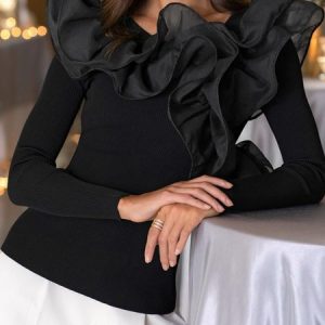 Long Sleeve Vintage Tunic Top, Blouses, color:Black|size:XXL, Noracora