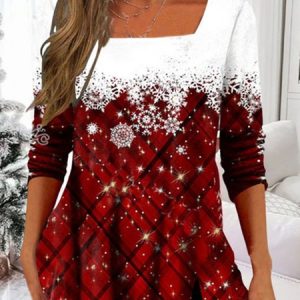 Christmas Square Neck Jersey Tunic T-Shirt, Blouses, color:Red|size:XXL, Noracora