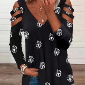 Casual Dandelion V neck Loose Long Sleeve Tunic T-Shirt, T-shirts, color:Black|size:XXL, Noracora