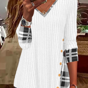 Loose Casual Plaid T-Shirt, Blouses, color:White|size:XXL, Noracora