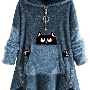 Loose Casual Fluff/Granular Fleece Fabric Tunic Sweatshirt, Hoodies & Sweatshirts, color:Blue|size:XXL, Noracora