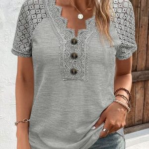 Plus Size Lace Elegant Loose T-Shirt, T-shirts, color:Gray|size:4X, Noracora