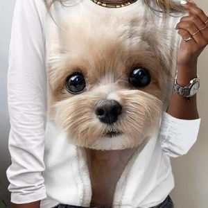 Loose Dog Printed Casual Crew Neck T-Shirt, T-shirts, color:White|size:XXL, Noracora