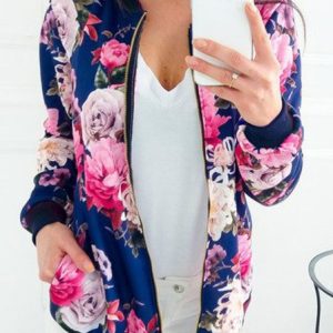 Floral Zipper Wrap Casual Bomber Jacket, Jackets, color:Blue|size:XXL, Noracora