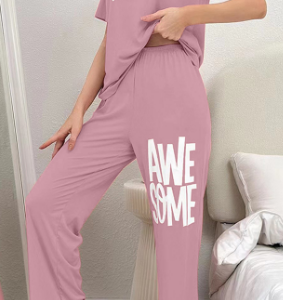 Casual Crew Neck Pajama Set, Pajamas, color:pink-gray|size:XL, Noracora