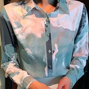 Urban Regular Fit Tie Dye Shirt Collar Blouse, Shirts, color:Green|size:XXL, Noracora