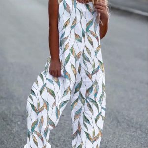Casual Loose Leaf Square Neck Sleeveless Jumpsuit & Romper, Jumpsuits&Rompers, color:White|size:XXL, Noracora