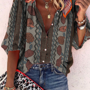 Floral Shift V Neck Short Sleeve Blouse, Shirts, color:As Picture|size:3XL, Noracora