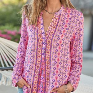 Boho V Neck Floral Tops, Blouses, color:Rose|size:3XL, Noracora