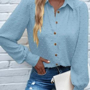 Plain Long Sleeve Casual Buckle Blouse, Shirts, color:Blue|size:XXL, Noracora