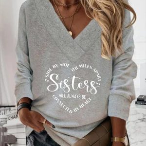 Casual V Neck Loose Text Letters Long Sleeve Sweatshirt, Hoodies & Sweatshirts, color:Gray|size:XXL, Noracora