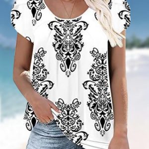 Floral Crew Neck Casual Loose Shirt, TOPS, color:Black-white|size:4X, Noracora