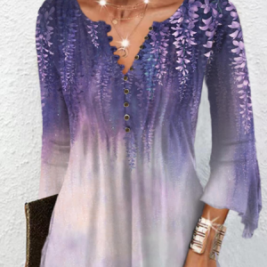 Loose Floral Casual V Neck Top, Blouses, color:Purple|size:XXL, Noracora