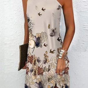 Floral Halter Casual Vacation Loose Dress, Short, color:Khaki|size:XXL, catalog Noracora shop