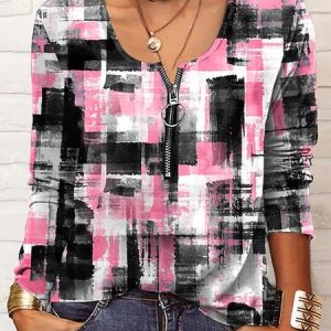 Abstract Color Block Long Sleeve Zipper Notched Casual Blouse, T-shirts, color:Black-pink|size:XXL, Noracora