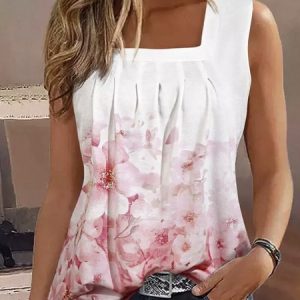Casual Floral Loose Tank Top, Tanks & Camis, color:Pink|size:XXL, Noracora
