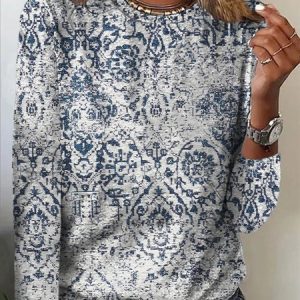 Ethnic Long Sleeve Crew Neck Casual T-Shirt, T-shirts, color:Blue|size:XXL, Noracora