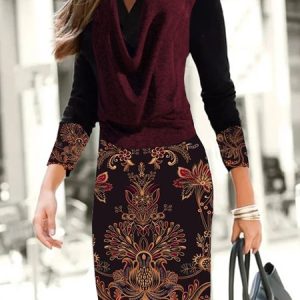 Casual Abstract Regular Fit V Neck Dress, Short, color:Multicolor|size:XXL, Noracora