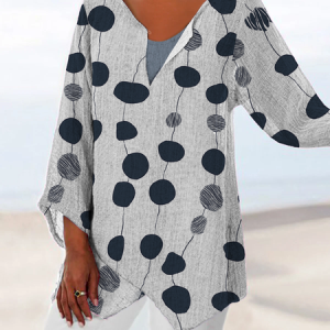 Loose Polka Dots Casual 3/4 Sleeve Tops, Blouses, color:white-gray|size:XXL, Noracora