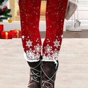 Casual Christmas Snowflake Regular Fit Leggings, Leggings, color:Red|size:XXL, Noracora