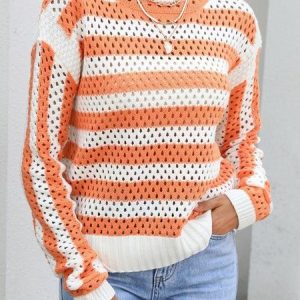 Casual Loose Striped Sweater, Sweaters, color:Orange|size:XL, Noracora