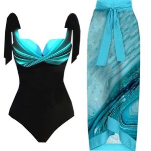 Printing Abstract Vacation Scoop Neck One Piece With Cover Up, swimwear>>Bikini Sets, color:Lake Blue|size:XXL, JustFashionNow