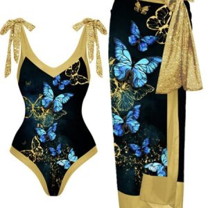 Vacation Butterfly One Piece With Cover Up, Swimsuit with Cover Ups, color:Yellow|size:XXL, Noracora