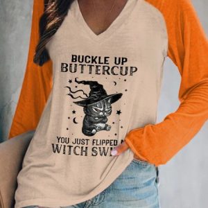 Halloween-Casual Long Sleeve V Neck Printed Top Tunic T-Shirt, T-shirts, color:Orange|size:XXL, Noracora