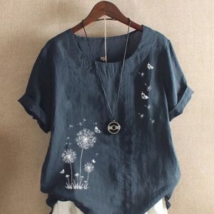 Navy Blue Floral-Print Casual T-shirt, T-shirts, color:Navy Blue|size:XS, Noracora