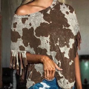 Vintage Printed Short Sleeve Abstract T-shirt, T-shirts, color:Brown|size:3XL, Noracora