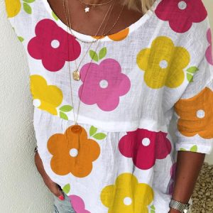 3/4 Sleeve Floral Crew Neck Top, Blouses & Shirts, Roselinlin - Online Catalog