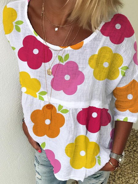 3/4 Sleeve Floral Crew Neck Top, Blouses & Shirts, Roselinlin - Online Catalog