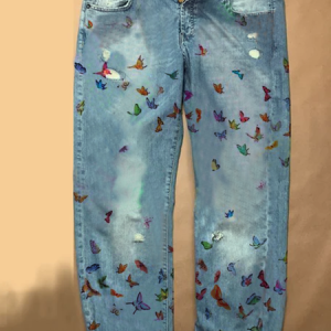 Casual Butterfly Print Baggy Jean, Denim&Jeans, color:Blue|size:3XL, Noracora