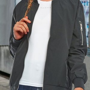Casual Stand Collar Plain Bomber Jacket, Jackets, color:Black|size:4XL, Noracora