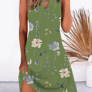 Casual Floral Printed Loose Jersey Dress, Short, color:Green|size:3XL, Noracora