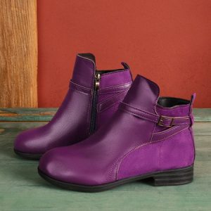 Vintage Round Toe Chunky Heel Casual Short Boots, Boots, color:Purple|size:43, Noracora