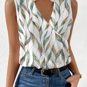 Geometric Printed Sleeveless Cross Neck Casual Tank Top, Blouses, color:White|size:XS, Noracora