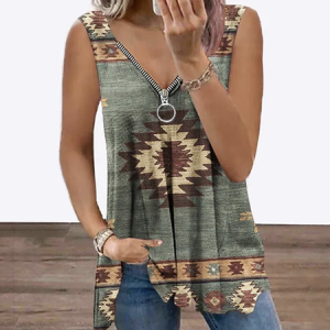 Ethnic Casual V Neck Tank Top, TOPS, color:Green|size:4X, Noracora